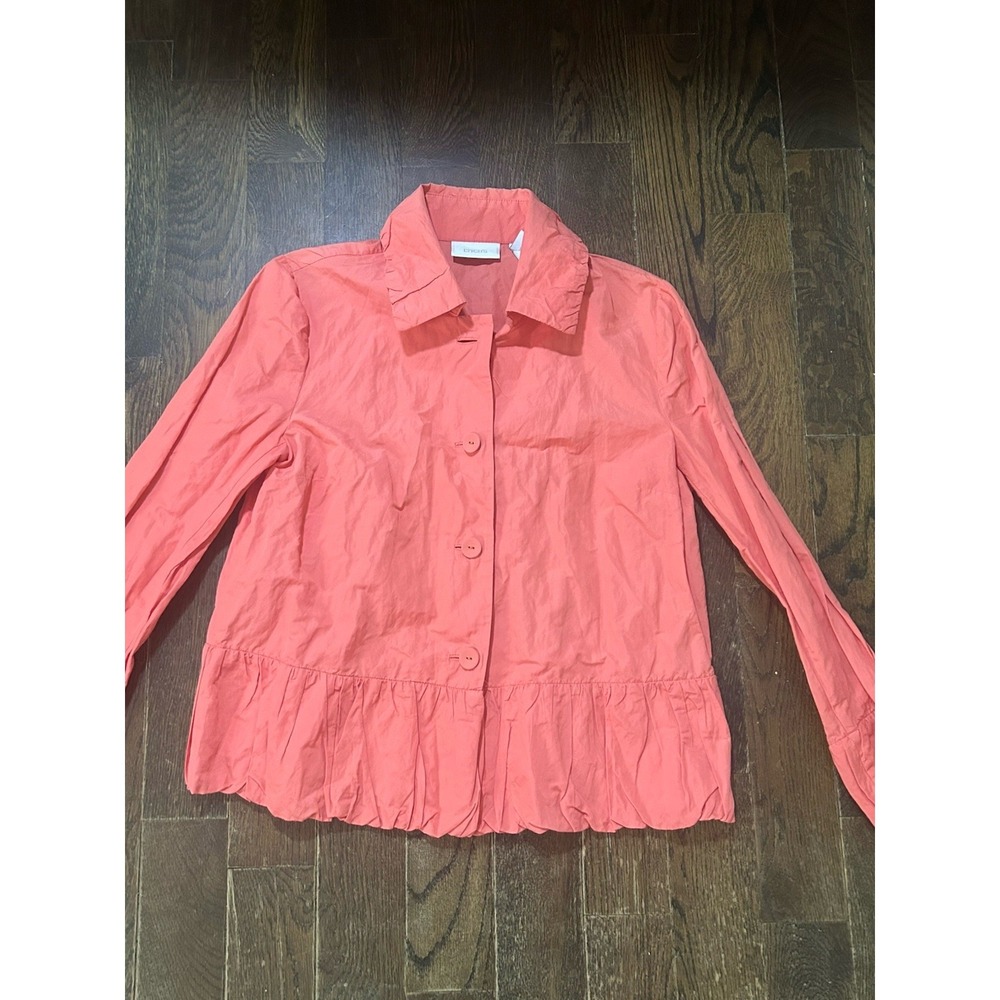Chicos ravishing ruffle ramy jacket coral size 1 collared shimmery medium